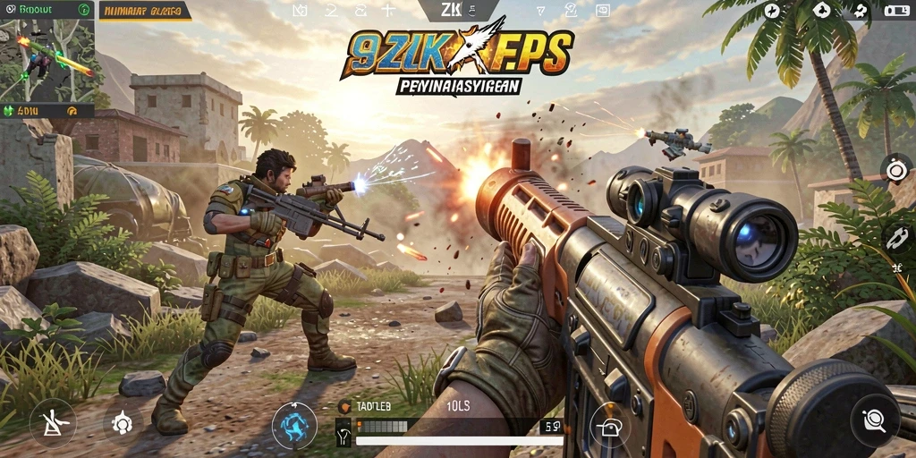 Screenshot gameplay 9ZK menunjukkan aksi tembak-menembak yang mendebarkan.