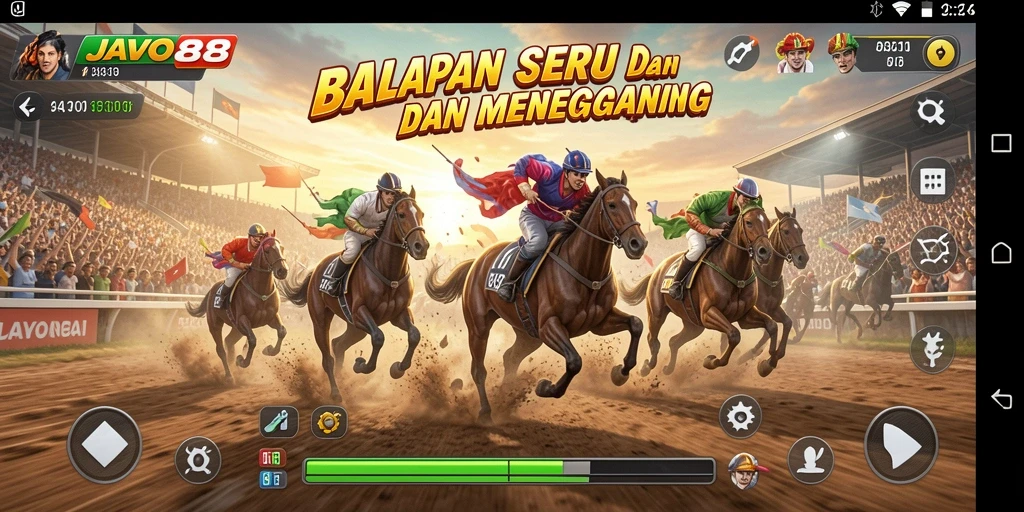 Tangkapan layar menunjukkan aksi balapan yang mendebarkan di JAVO88.