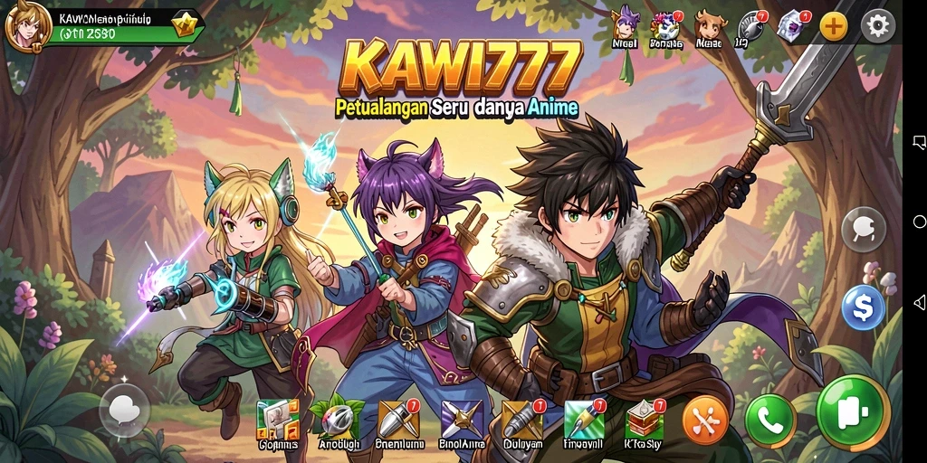 Tampilan seru gameplay KAWI777 dengan karakter anime.