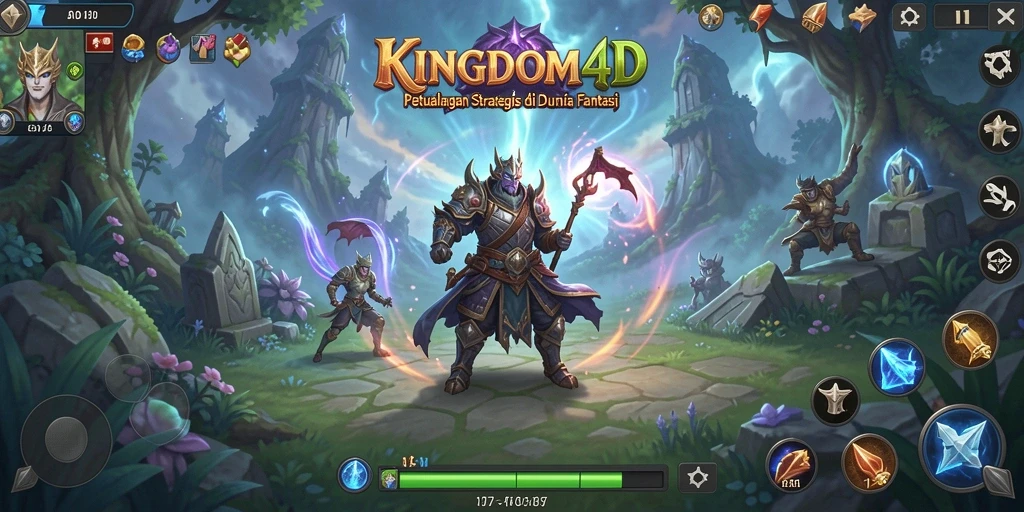 Screenshot gameplay KINGDOM4D menampilkan pertempuran strategis yang mendebarkan.