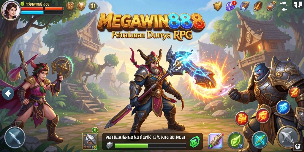 Screenshot gameplay RPG MEGAWIN888 menampilkan pertarungan epik yang mendebarkan.