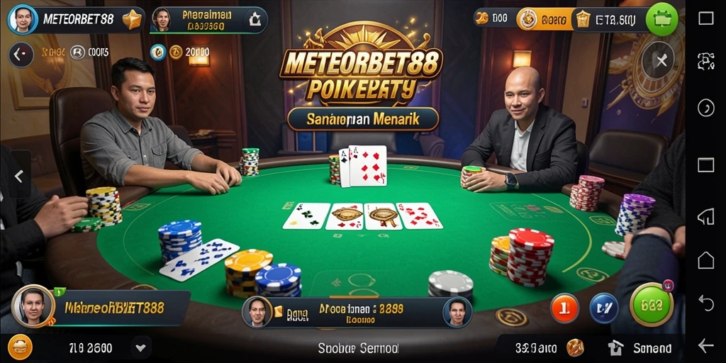 Tampilan gameplay seru di METEORBET88 dengan atmosfer Poker yang menggembirakan.