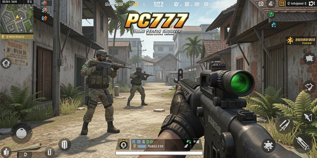 Screenshot gameplay PC777 menampilkan aksi seru dalam pertarungan TPS.