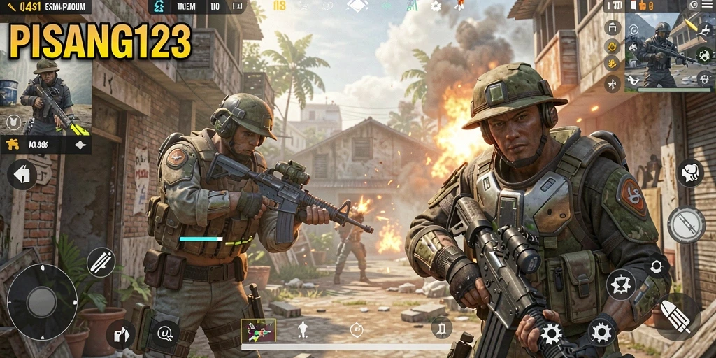 Screenshot PISANG123 menampilkan aksi pertempuran FPS yang mendebarkan.