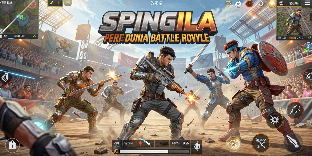 Gameplay SPINGILA menampilkan pertempuran seru dalam dunia Battle Royale.